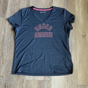 Under Armour Women's Charcoal V-Neck Tee with Pink Logo Trim